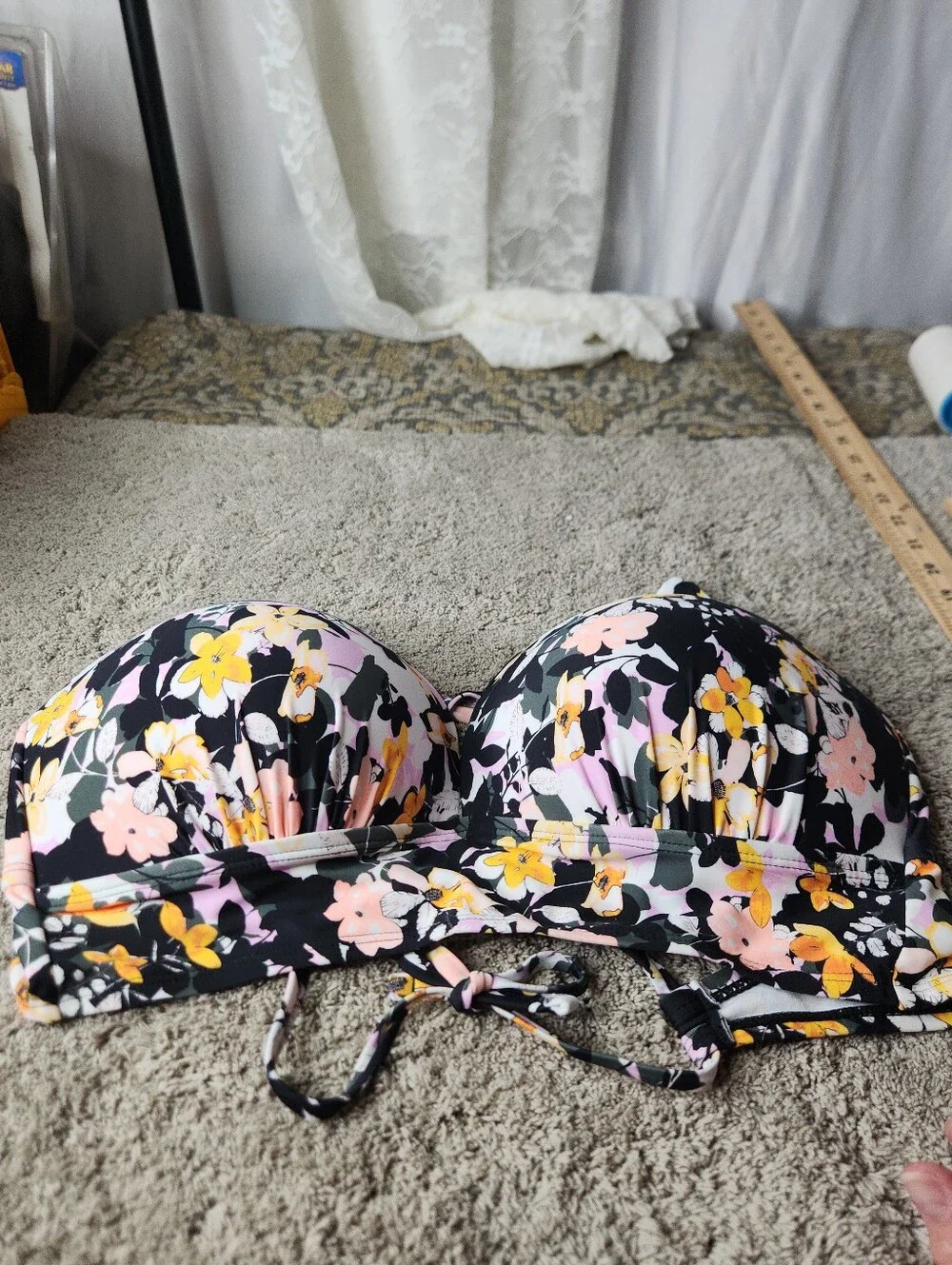 Floral V-Neck Crop Swim Top in Black and Yellow - Women Tops - Decree - 0X